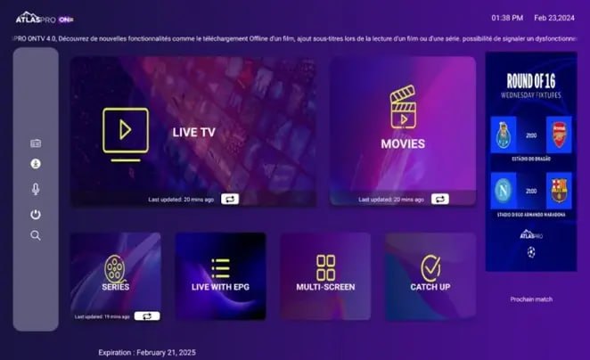 Tableau de bord de l'application Atlas Pro ONTV V4.0