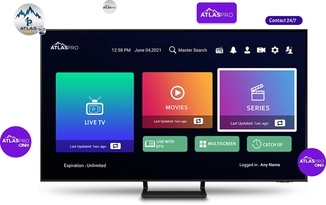Interface Atlas Pro ONTV IPTV sur grand écran TV : télévision en direct, films et séries en 4K